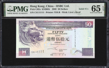 (t) HONG KONG (SAR). Hong Kong & Shanghai Banking Corporation Limited. 50 Dollars, 1.1.2002. P-202e. KNB88t. Solid #1's. PMG Gem Uncirculated 65 EPQ....