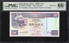 (t) HONG KONG (SAR). Hong Kong & Shanghai Banking Corporation Limited. 50 Dollars, 1.1.2002. P-202e. KNB88t. Solid #5's. PMG Gem Uncirculated 66 EPQ....