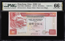 (t) HONG KONG (SAR). The HongKong & Shanghai Banking Corporation. 100 Dollars, 1.7.1997. P-203b. KNB89j. Solid #1's. PMG Gem Uncirculated 66 EPQ.
Sol...