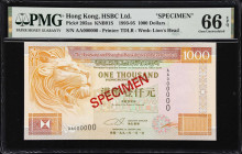 HONG KONG (SAR). Hong Kong & Shanghai Banking Corporation Limited. 1000 Dollars, 1.1.1993. P-205as. KNB91S. Specimen. PMG Gem Uncirculated 66 EPQ.
Se...