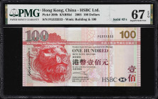 (t) HONG KONG (SAR). The HongKong & Shanghai Banking Corporation. 100 Dollars, 1.1.2005. P-209b. KNB95d. Solid #3's. PMG Superb Gem Uncirculated 67 EP...