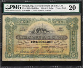 (t) HONG KONG (SAR). Mercantile Bank of India Limited. 5 Dollars, 1.1.1930. P-235b. KNB11c. PMG Very Fine 20.
Serial numbers 99906. Green, black and ...