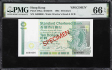 (t) HONG KONG (SAR). Standard Chartered Bank. 10 Dollars, 1.1.1985. P-278as. KNB57S. Specimen. PMG Gem Uncirculated 66 EPQ.
Serial number A000000. A ...