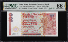 (t) HONG KONG (SAR). Standard Chartered Bank. 100 Dollars, 1.1.1986. P-281b. KNB60d. Solid #5's. PMG Gem Uncirculated 66 EPQ.
Solid single prefix ser...