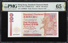 An Exciting AA999999!
(t) HONG KONG (SAR). Standard Chartered Bank. 100 Dollars, 1.1.1986. P-281b. KNB60e. Solid #9's. PMG Gem Uncirculated 65 EPQ.
...