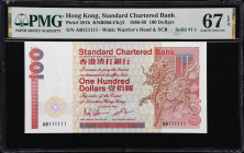 (t) HONG KONG (SAR). Standard Chartered Bank. 100 Dollars, 1.1.1986. P-281b. KNB60f. Solid #1's. PMG Superb Gem Uncirculated 67 EPQ.
Solid serial num...
