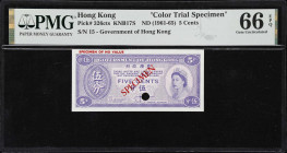 HONG KONG (SAR). Government of Hong Kong. 5 Cents, ND (1961-65). P-326cts. KNB17S. Color Trial Specimen. PMG Gem Uncirculated 66 EPQ.
A small size ge...