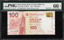 (t) HONG KONG (SAR). Bank of China (HK) Ltd. 100 Dollars, 1.1.2012. P-343b. KNB14c. Solid #4's. PMG Gem Uncirculated 66 EPQ.
Serial number BQ444444. ...
