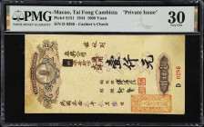 MACAU (SAR). Tai Fong Cambista. 1000 Yuan, 1944. P-S151. Private Issue. PMG Very Fine 30.
Serial number D0286. An impressive high denomination cashie...