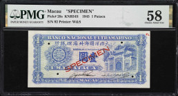 MACAU (SAR). Banco Nacional Ultramarino. 1 Pataca, 16.11.1945. P-28s. KNB34S. Specimen. PMG Choice About Uncirculated 58.
Lightly (mis)handled specim...