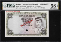 BRUNEI. Government of Brunei. 50 Ringgit, ND (1973-86). P-9s. KNB9S. Specimen. PMG Choice About Uncirculated 58 EPQ.
Specimen number 046. Black and g...