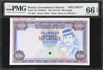 BRUNEI. Government of Brunei. 100 Ringgit, ND (1972-88). P-10s. KNB10S. Specimen. PMG Gem Uncirculated 66 EPQ.
BWC printed specimen featuring Sultan ...