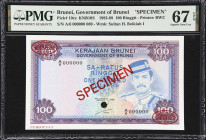 BRUNEI. Government of Brunei. 100 Ringgit, 1988. P-10cs. KNB10S. Specimen. PMG Superb Gem Uncirculated 67 EPQ.
Wonderful specimen of this popular typ...