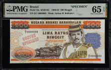 BRUNEI. Negara Brunei Darussalam. 500 Ringgit, 1989-92. P-18s. Specimen. PMG Gem Uncirculated 65 EPQ.
Serial number B/1 0000000. Orange, brown and mu...