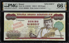 BRUNEI. Negara Brunei Darussalam. 1000 Ringgit, 1989-91. P-19s. Specimen. PMG Gem Uncirculated 66 EPQ.
Serial number B/1 0000000. Purple, green and m...