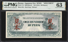 BURMA. Japanese Government. 100 Rupees, ND (1944). P-17s. SB2458as1J. Specimen. PMG Choice Uncirculated 63.
Red "Mi-Hon" overprint on front and "SPEC...