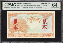 BURMA. Burma State Bank. 100 Kyats, ND (1944). P-21s2. Specimen. PMG Choice Uncirculated 64.
Red "Mi-Hon" overprint in Japanese. A scarce World War I...