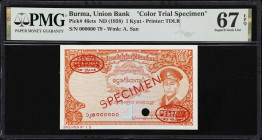 BURMA. Union Bank of Burma. 1 Kyat, ND (1958). P-46cts. Color Trial Specimen. PMG Superb Gem Uncirculated 67 EPQ.
Color trial specimen in bright oran...