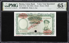 BURMA. Union Bank of Burma. 5 Kyats, ND (1958). P-47cts. Color Trial Specimen. PMG Gem Uncirculated 65 EPQ.
Lovely color trial specimen from Burma. D...