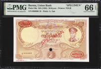 BURMA. Union Bank of Burma. 50 Kyats, ND (1958). P-50s. Specimen. PMG Gem Uncirculated 66 EPQ.
Specimen number 16. Brown on yellow, watermark of A. S...