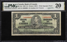 Auspicious Solid #8's 1937 $1
CANADA. Bank of Canada. 1 Dollar, 1937. BC-21c. Solid #8's. PMG Very Fine 20.
Solid serial number T/L 8888888. An ausp...