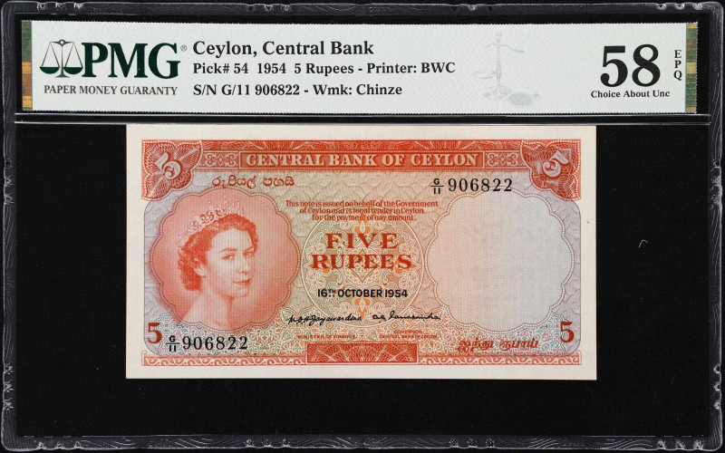 CEYLON. Central Bank of Ceylon. 5 Rupees, 16.10.1954. P-54. PMG Choice About Unc...