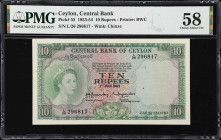 CEYLON. Lot of (2). Central Bank of Ceylon. 10 Rupees, 1953-54. P-55. PMG Extremely Fine 40 to Choice About Uncirculated 58.
Two different dates of t...