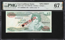 EAST CARIBBEAN STATES / ANTIGUA. Lot of (4). East Caribbean Central Bank. 5, 10, 20 & 100 Dollars, ND (1985-93). P-18as, 19as, 20as & 23a1s. Specimens...