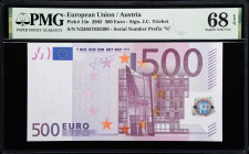 EUROPEAN UNION / AUSTRIA. European Central Bank. 500 Euro, 2002. P-14n. PMG Superb Gem Uncirculated 68 EPQ.
Serial number N33057838398. Surpassed in ...