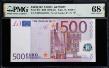 EUROPEAN UNION / GERMANY. European Central Bank. 500 Euro, 2002. P-14x. PMG Superb Gem Uncirculated 68 EPQ.
Serial number X07516567478. Another Super...