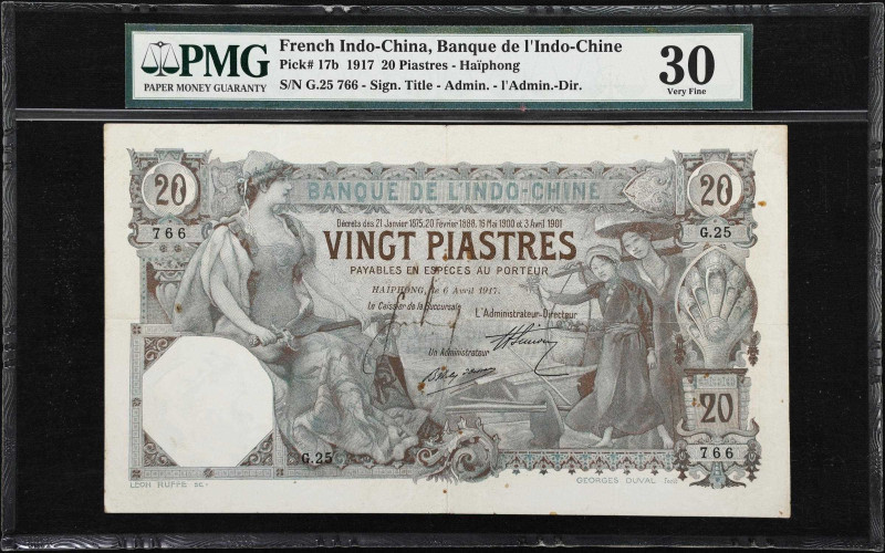 FRENCH INDO-CHINA. Banque de l'Indo-Chine. 20 Piastres, 1917. P-17b. PMG Very Fi...