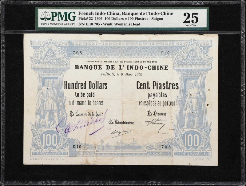 Highly Important 100 Dollars = 100 Piastres of 1903 
FRENCH INDO-CHINA. Banque ...