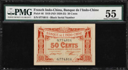 FRENCH INDO-CHINA. Banque de l'Indo-Chine. 50 Cents, 1919. P-46. PMG About Uncirculated 55.
Serial number 0774014. Red, stylised stupas at left and r...