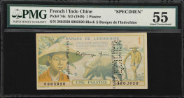 FRENCH INDO-CHINA. Banque de l'Indo-Chine. 1 Piastre, ND (1949). P-74s. Specimen. PMG About Uncirculated 55.
Serial numbers 280J920 6983920. A colour...