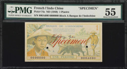 FRENCH INDO-CHINA. Banque de l'Indo-Chine. 1 Piastre, ND (1949). P-74s. Specimen. PMG About Uncirculated 55.
Serial numbers 000A000 0000000. A colour...