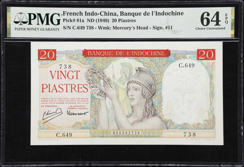 FRENCH INDO-CHINA. Banque de l'Indo-Chine. 20 Piastres, ND (1949). P-81a. PMG Ch...