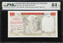 FRENCH INDO-CHINA. Banque de l'Indo-Chine. 20 Piastres, ND (1949). P-81a. PMG Choice Uncirculated 64 EPQ.
Serial number C.649 738. Top Pop. An except...