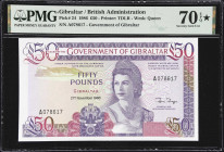 GIBRALTAR. Government of Gibraltar. 50 Pounds, 1986. P-24. Star Note. PMG Perfect Seventy Uncirculated 70 EPQ*.
Serial number A078617. A perfect exam...