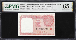 INDIA. Government of India. 1 Rupee, 1957 (ND 1959). P-R1. Jhun&Rez 6.12.1.1. Persian Gulf Note. PMG Gem Uncirculated 65 EPQ.
Serial number Z/6 91092...