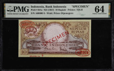 INDONESIA. Bank Indonesia. 10 Rupiah, ND (1957). P-49As. Specimen. PMG Choice Uncirculated 64.
Serial number A00000. Red-brown, stag at left. A very ...