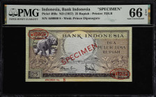 INDONESIA. Bank Indonesia. 25 Rupiah, ND (1957). P-49Bs. Specimen. PMG Gem Uncirculated 66 EPQ.
Serial number A00000. Purple, rhinoceros at left. An ...