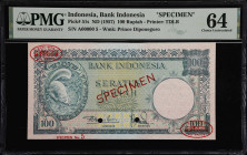 INDONESIA. Bank Indonesia. 100 Rupiah, ND (1957). P-51s. Specimen. PMG Choice Uncirculated 64.
Serial number A00000. Grey-blue on multicolour, squirr...