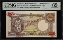 INDONESIA. Bank Indonesia. 500 Rupiah, ND (1957). P-52s. Specimen. PMG Gem Uncirculated 65 EPQ.
Serial number A00000. Brown, tiger at left. Third hig...