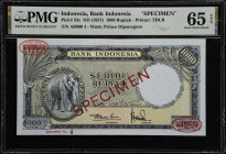 INDONESIA. Bank Indonesia. 1000 Rupiah, ND (1957). P-53s. Specimen. PMG Gem Uncirculated 65 EPQ.
Serial number A00000. Blue on yellow, elephant at le...