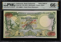 INDONESIA. Bank Indonesia. 2500 Rupiah, ND (1957). P-54s. Specimen. PMG Gem Uncirculated 66 EPQ.
Serial number A00000. Green on pink and yellow, drag...