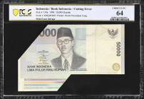 INDONESIA. Bank Indonesia. 50,000 Rupiah, 1999. P-139a. Cutting Error. PCGS Banknote Choice Uncirculated 64.
Serial number XMQ 094693. Dramatic cutti...