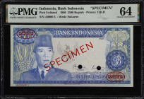 An Unissued 2500 Rupiah in Specimen Form
INDONESIA. Bank Indonesia. 2500 Rupiah, 1960. P-NL. Specimen. PMG Choice Uncirculated 64.
Serial number A00...