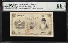 Featuring Lots from the Honshu Collection
JAPAN. Bank of Japan. 5 Yen, ND (1916). P-35. PMG Gem Uncirculated 66 EPQ.
Tied for finest in the PMG popu...