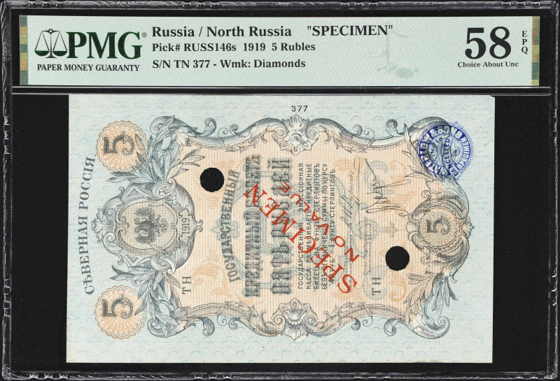 RUSSIA--NORTH RUSSIA. Chaikovskiy Government. 5 Rubles, 1919. P-S146s. Specimen....