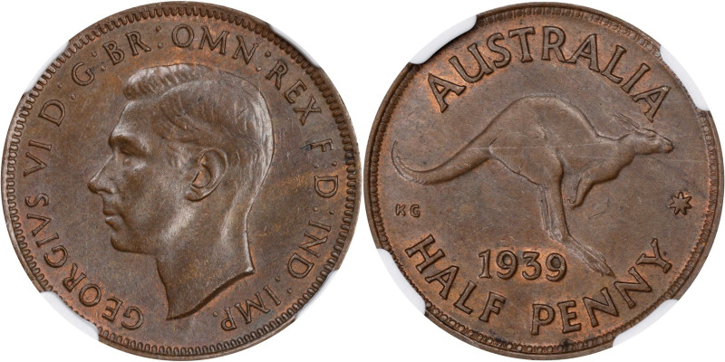 AUSTRALIA. 1/2 Penny, 1939. Melbourne Mint. George VI. NGC MS-63 Brown.
KM-41. ...